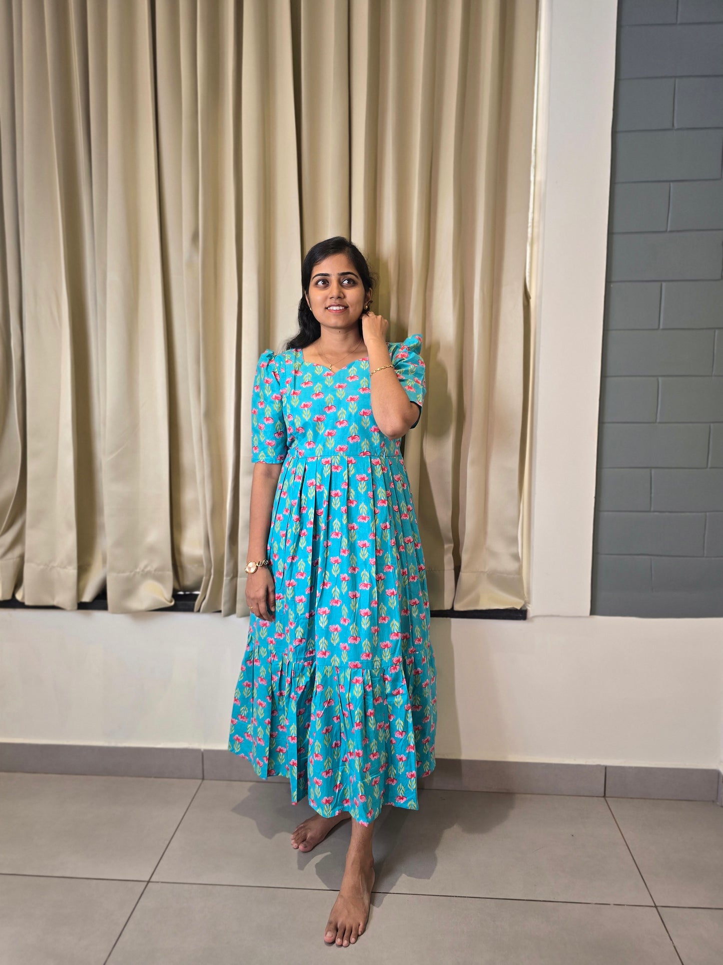 Aqua Blue flowers Cotton Feeding Maxi