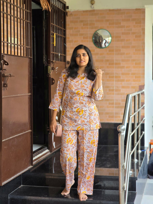 Grey mustard leaf flowers Coord set