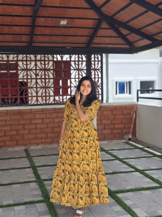 Yellow floral Kalamkari Print Cotton Feeding Maxi