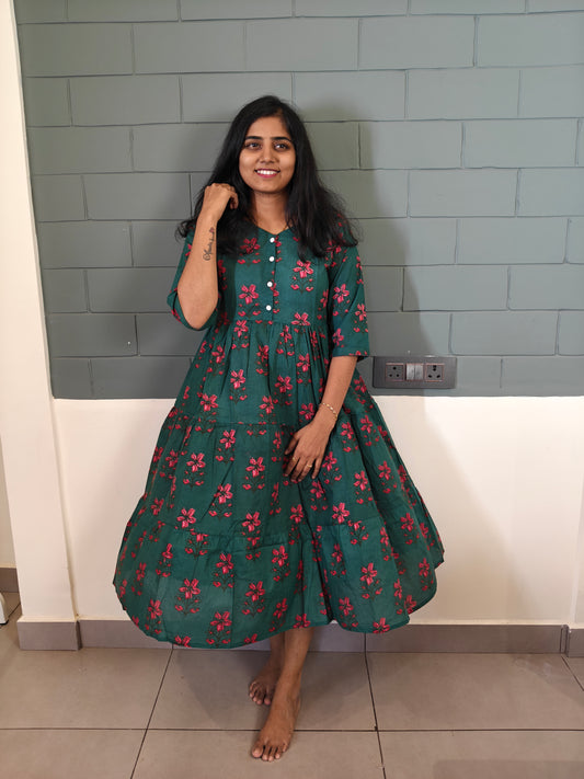 Dark green & red flower print frock maxi
