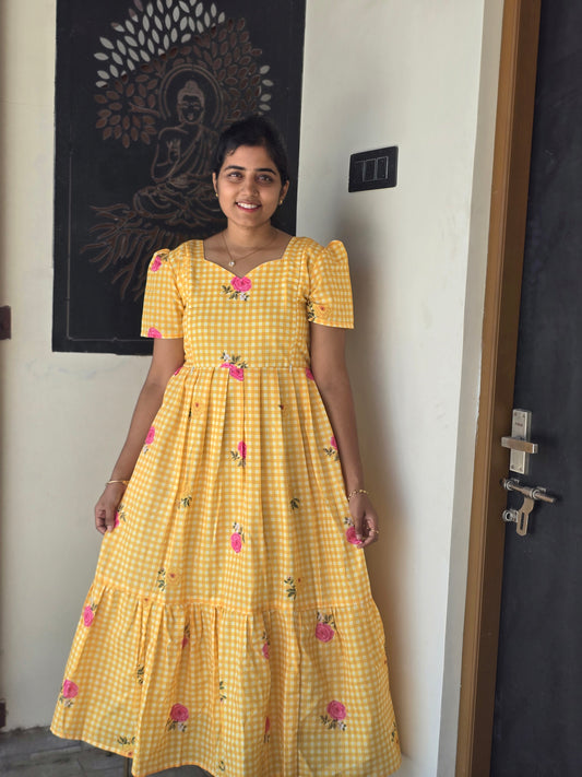 Yellow floral checked Feeding Cotton Maxi