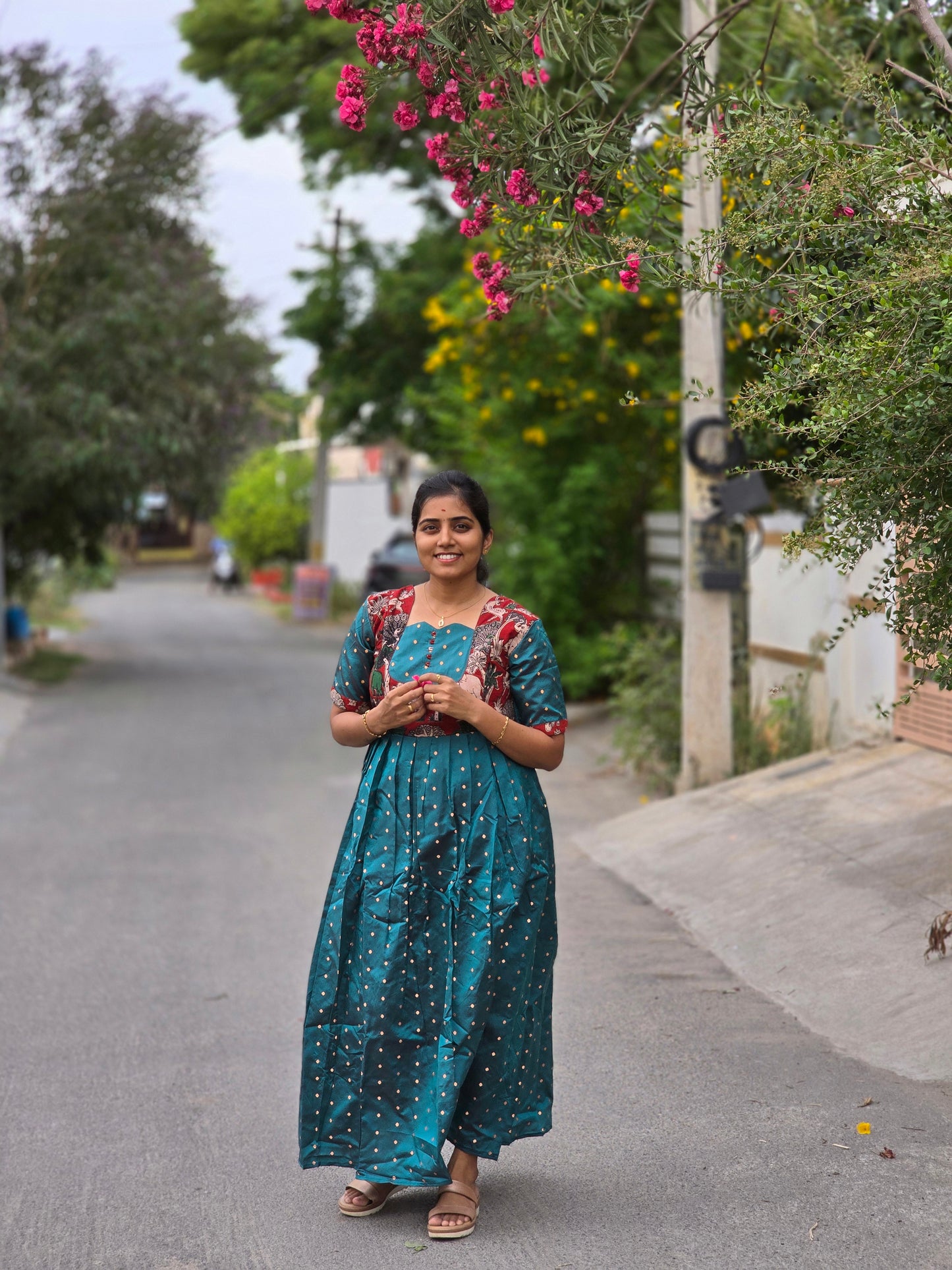 Green Rawsilk with Kalamkari Festive Maxi
