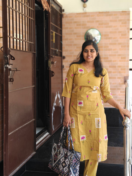 Mustard yellow Lotus print cotton Kurti Set with Lining