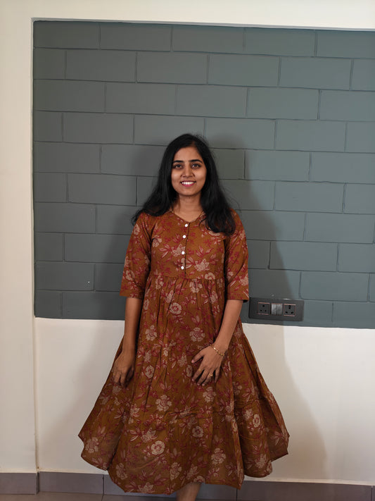 Brown & red leaf motif frock maxi