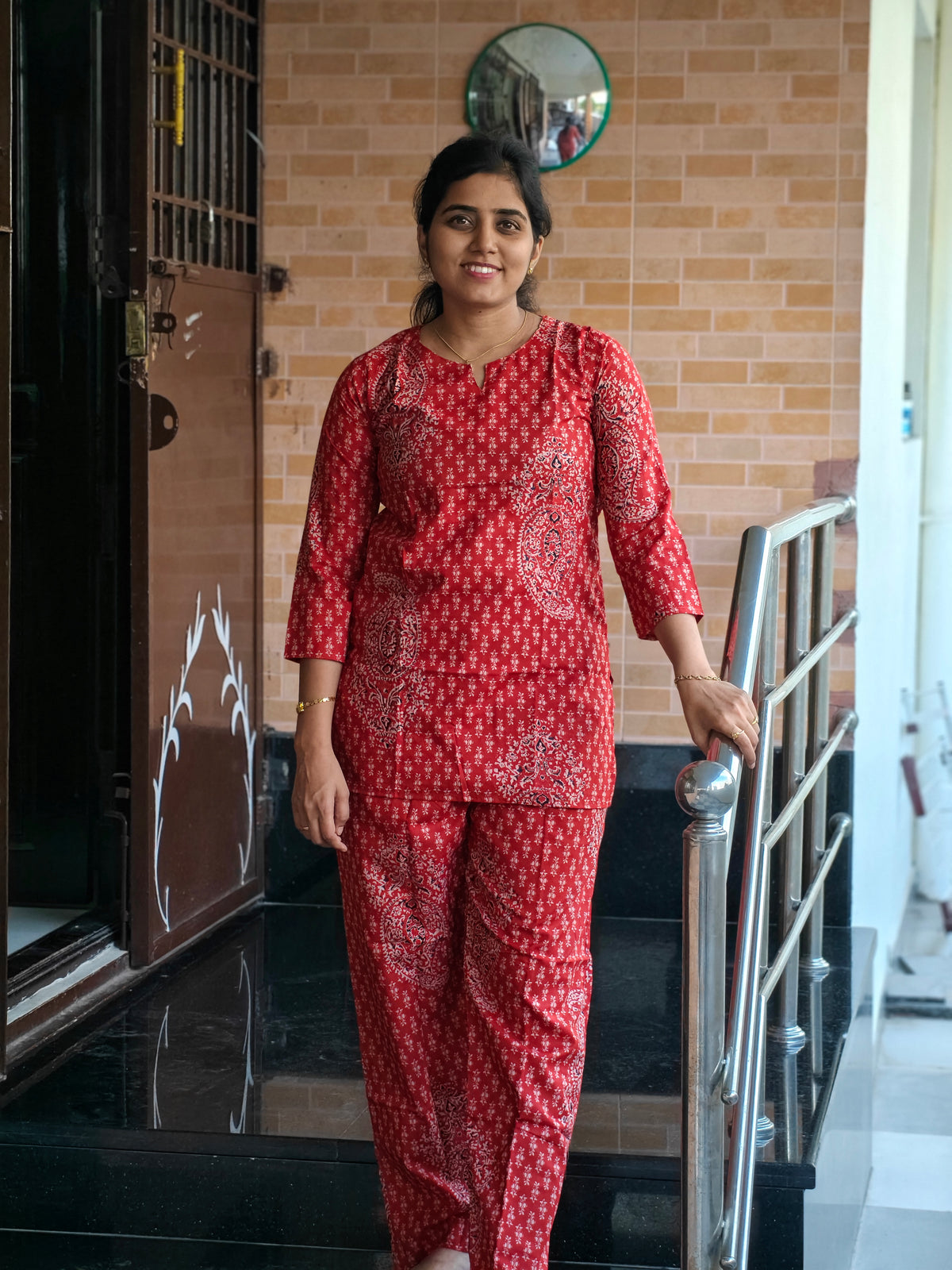 Red traditional floral print Coord set