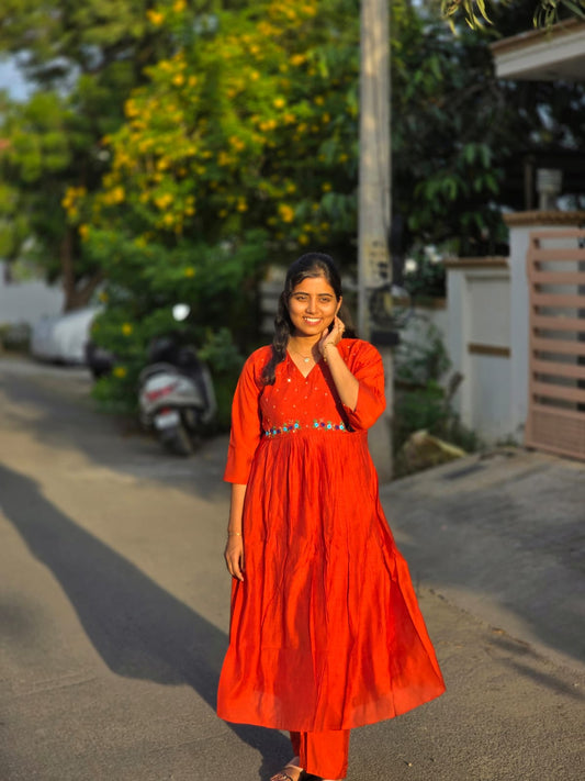 Orange cut beads & thread embroidery kurti set