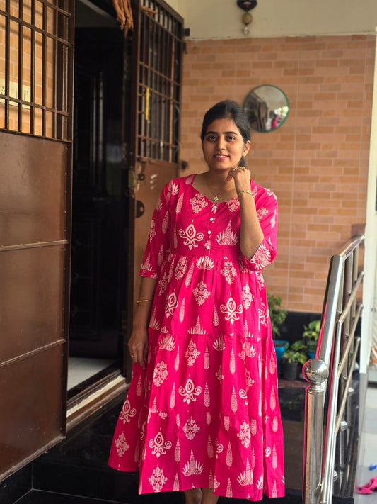 Hot pink Center button frock style Maxi
