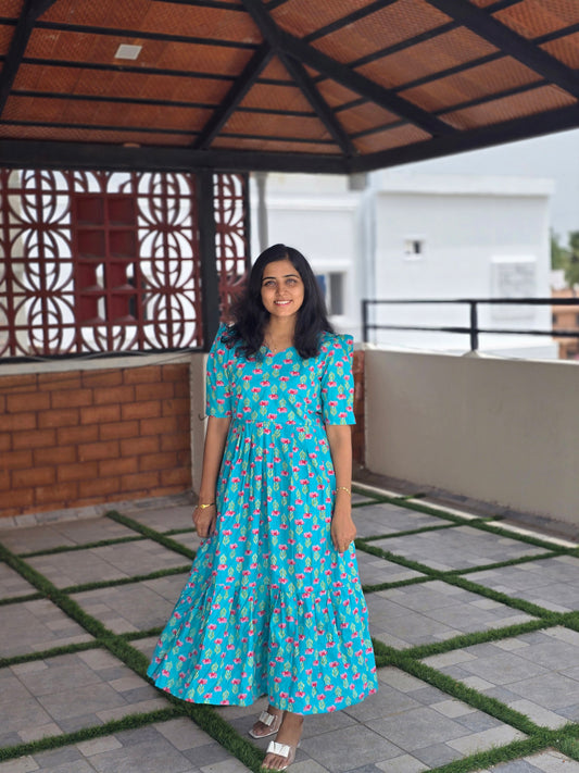 Aqua Blue flowers Cotton Feeding Maxi