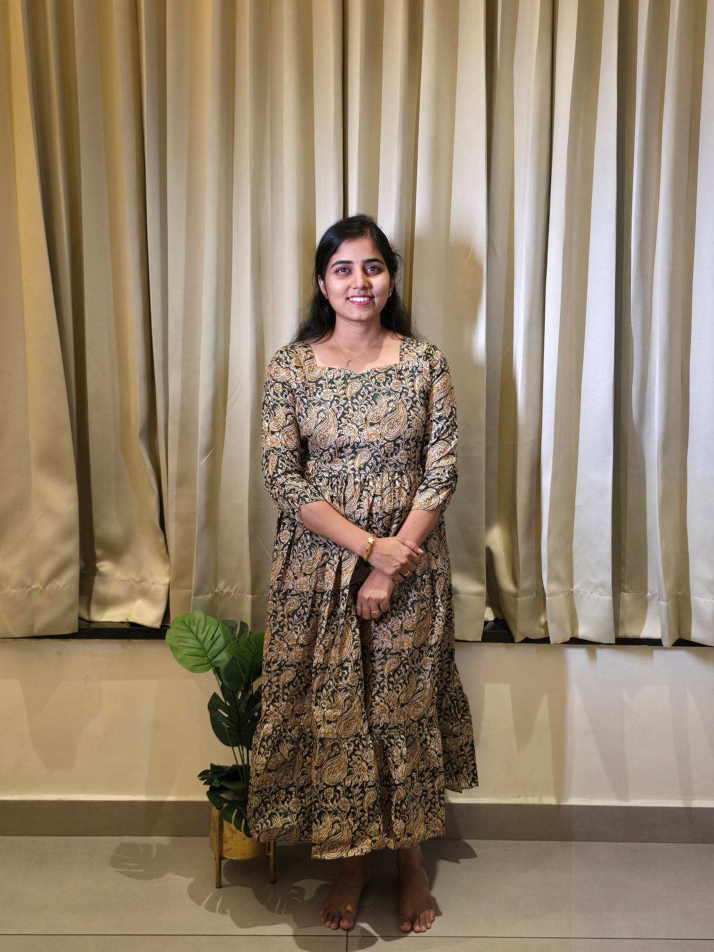 Green Kalamkari Cotton Feeding Maxi with Zip