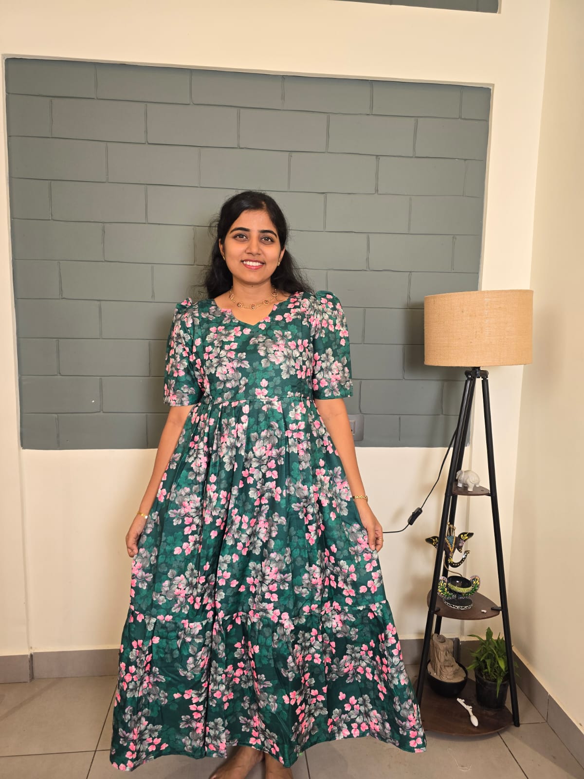 Green and pink digital print Festive Maxi