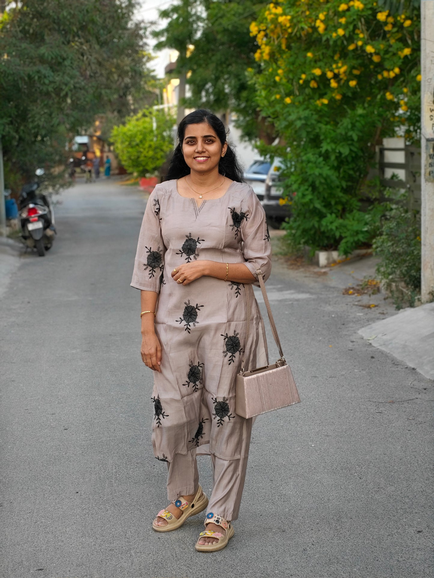 Beige with Black embroidery Kurti Set with Lining