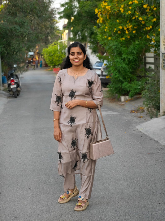 Beige with Black embroidery Kurti Set with Lining