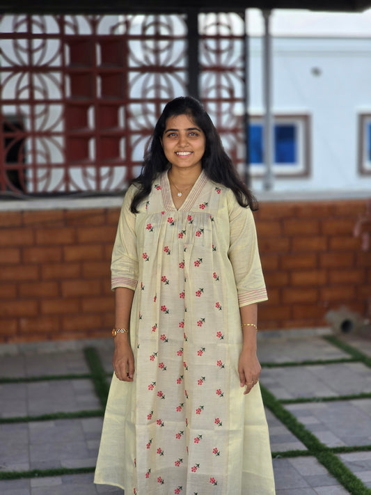 Golden kerala tissue A-line red floral embroidery kurti