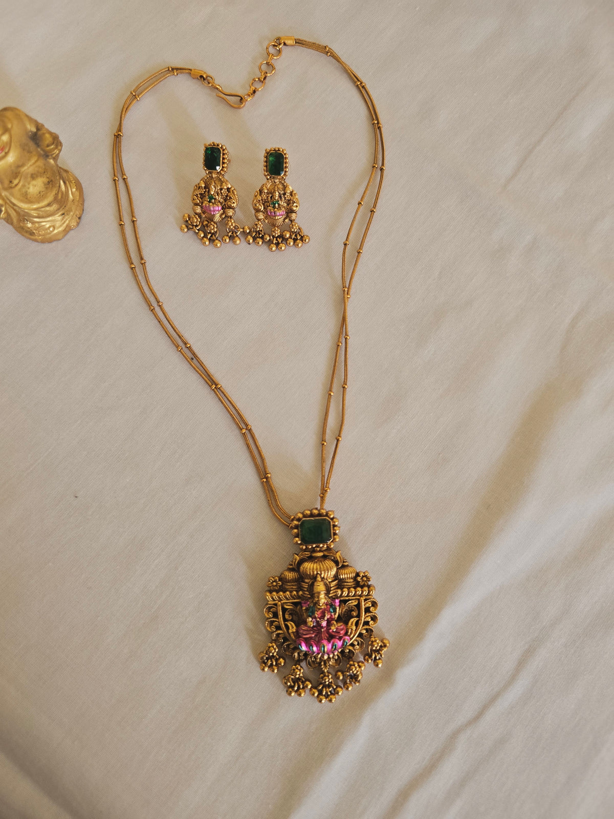 Dual chain green ruby stone Lakshmi Pendant