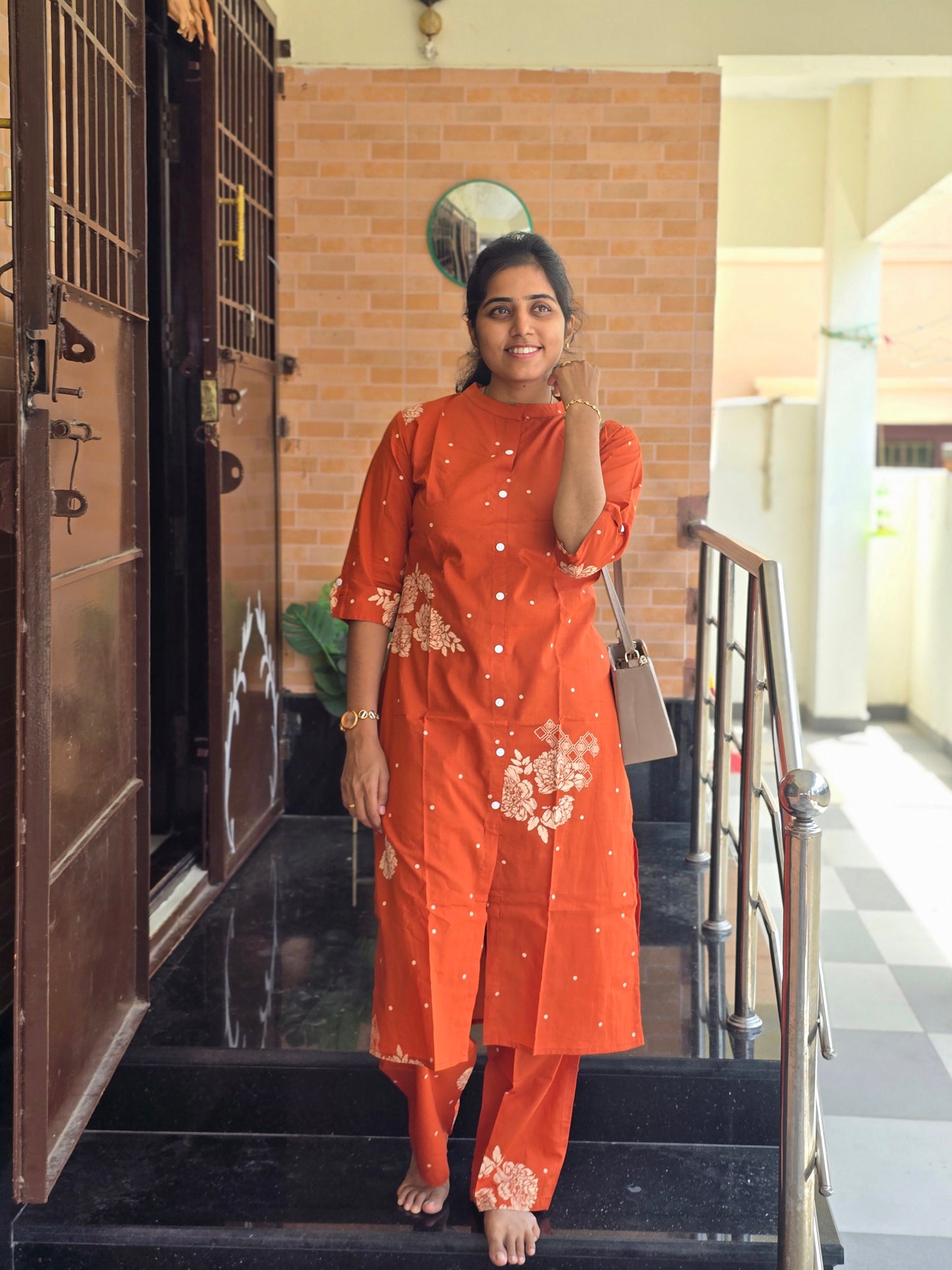 Orange design flowers kurti set