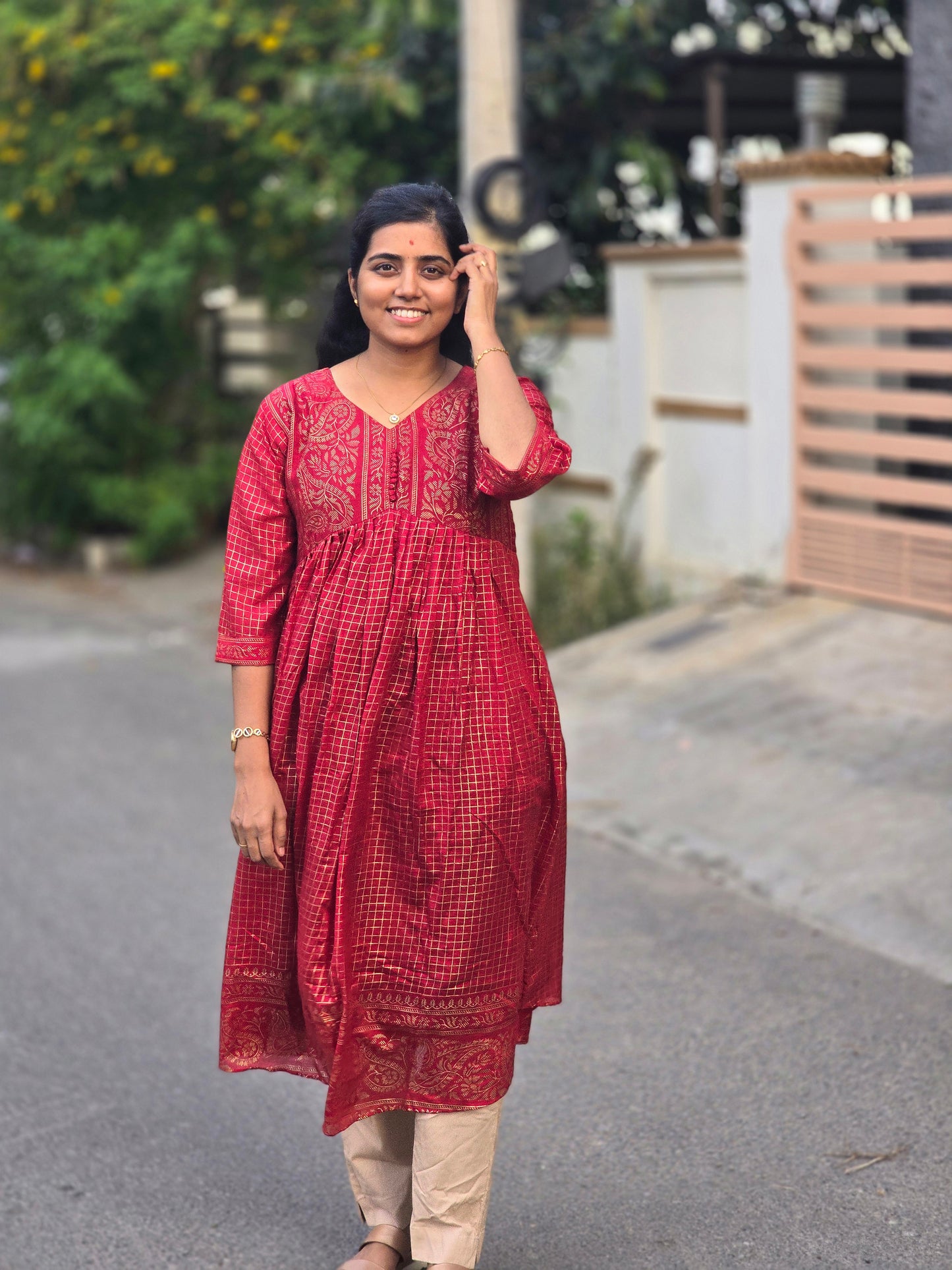 Chilli red Kalyani check Festive maxi