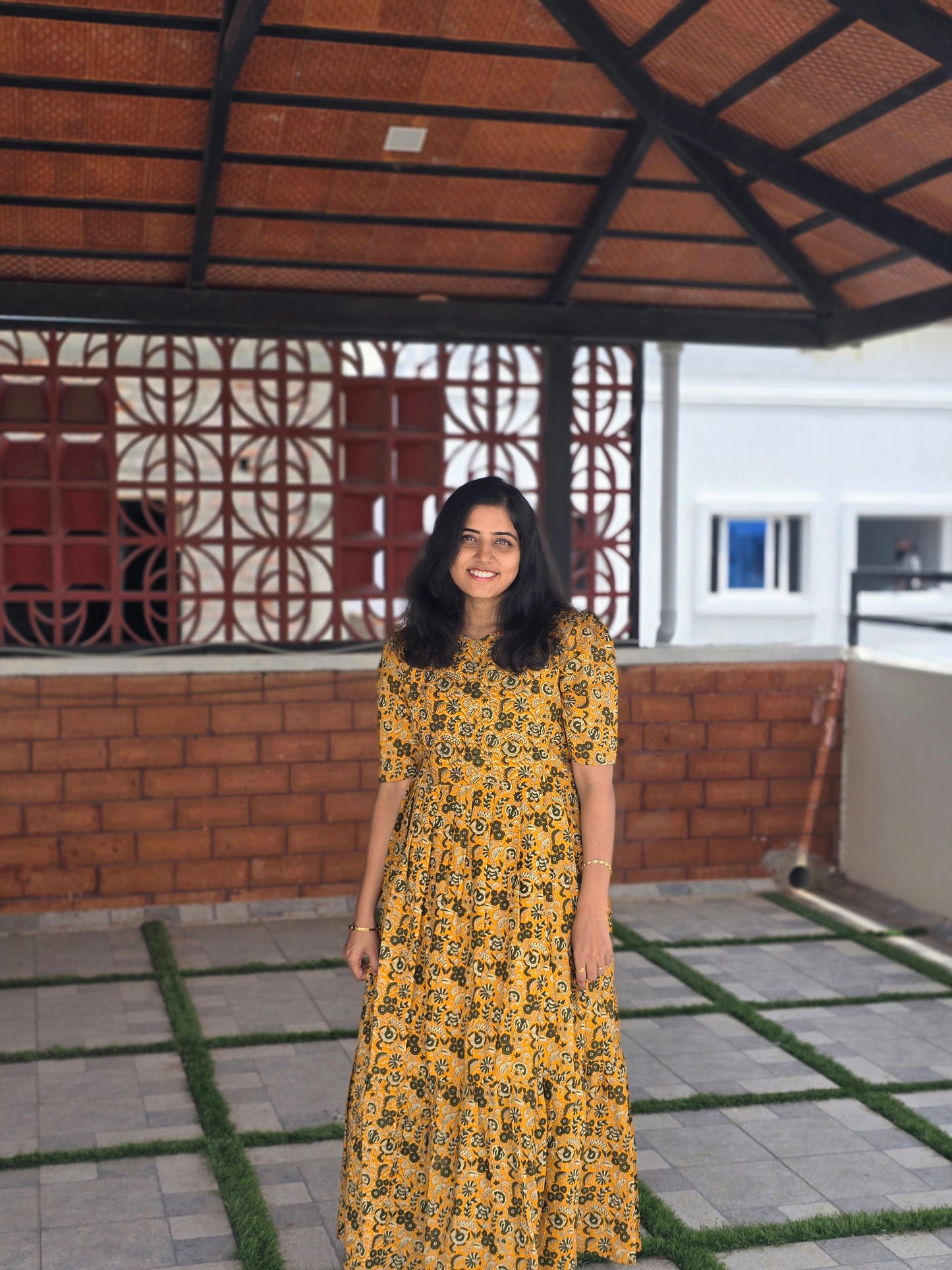 Yellow floral Kalamkari Print Cotton Feeding Maxi