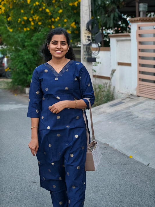 Ink Blue Butta Kurti Set with Lining
