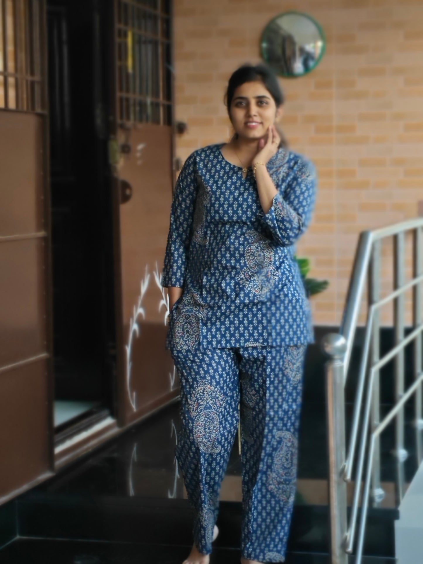 Indigo blue traditional floral print Coord set