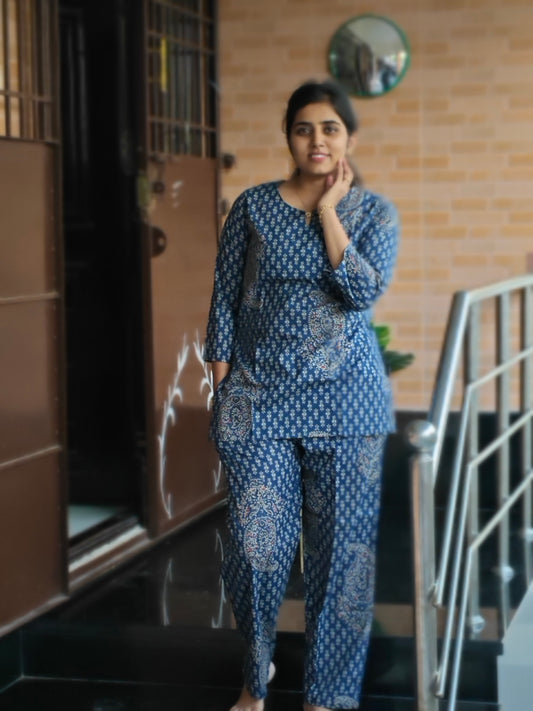 Indigo blue traditional floral print Coord set