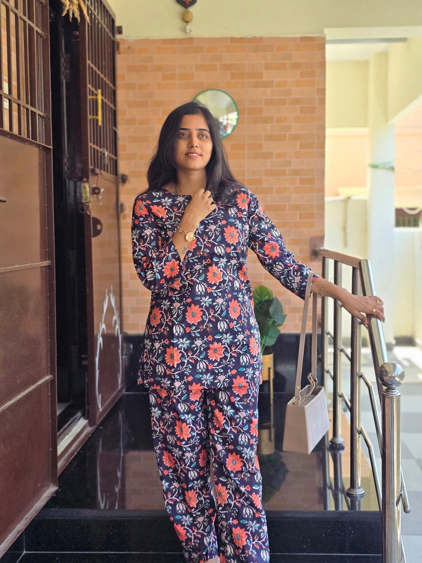 Blue Orange flowers coord set