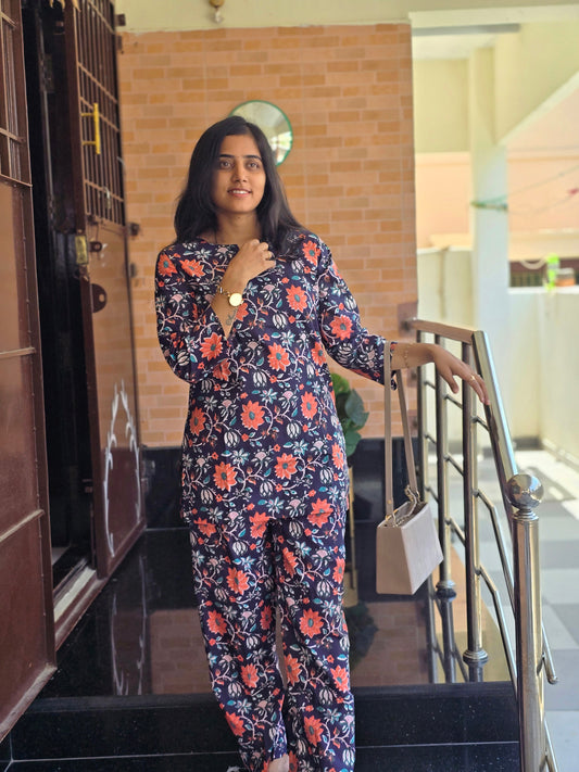 Blue Orange flowers coord set