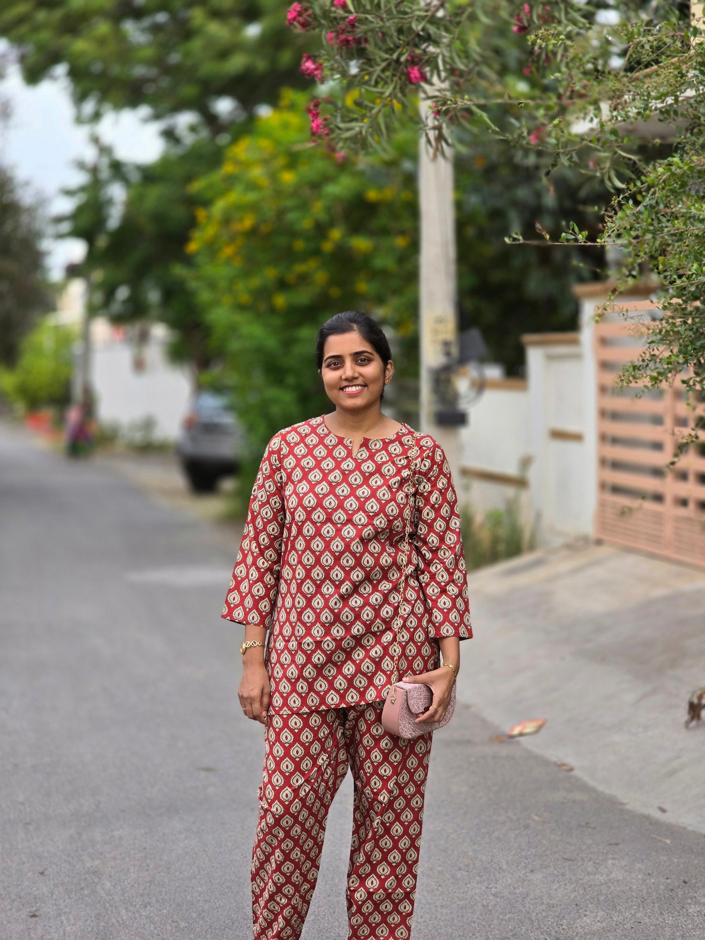Maroon block print Coord set