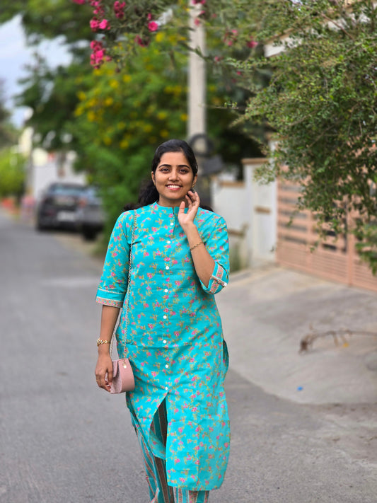 Aqua blue floral kurti set