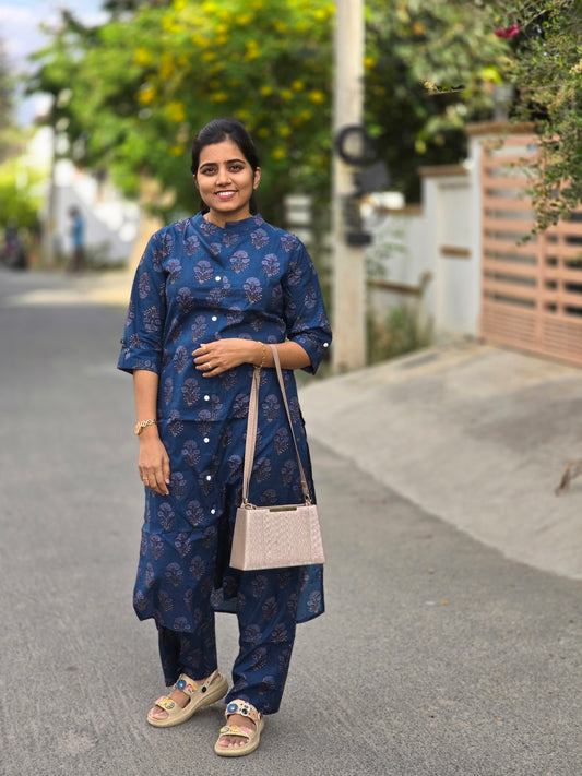Dark blue flowers design kurti set