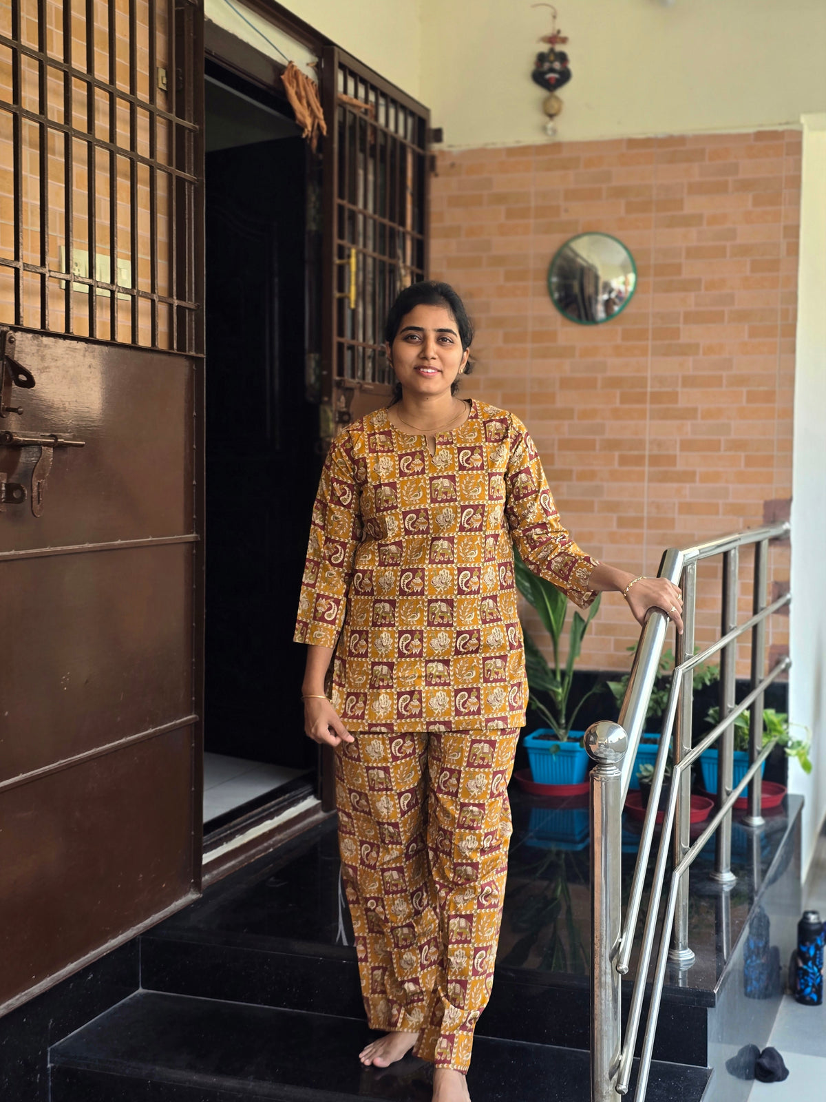 Mustard yellow & maroon peacock elephant printed Coord set