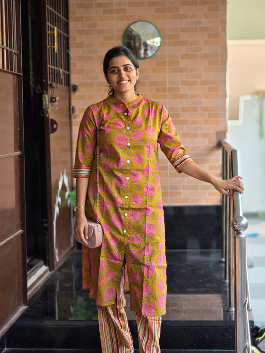 Mustard Yellow Peach Flowers kurti set
