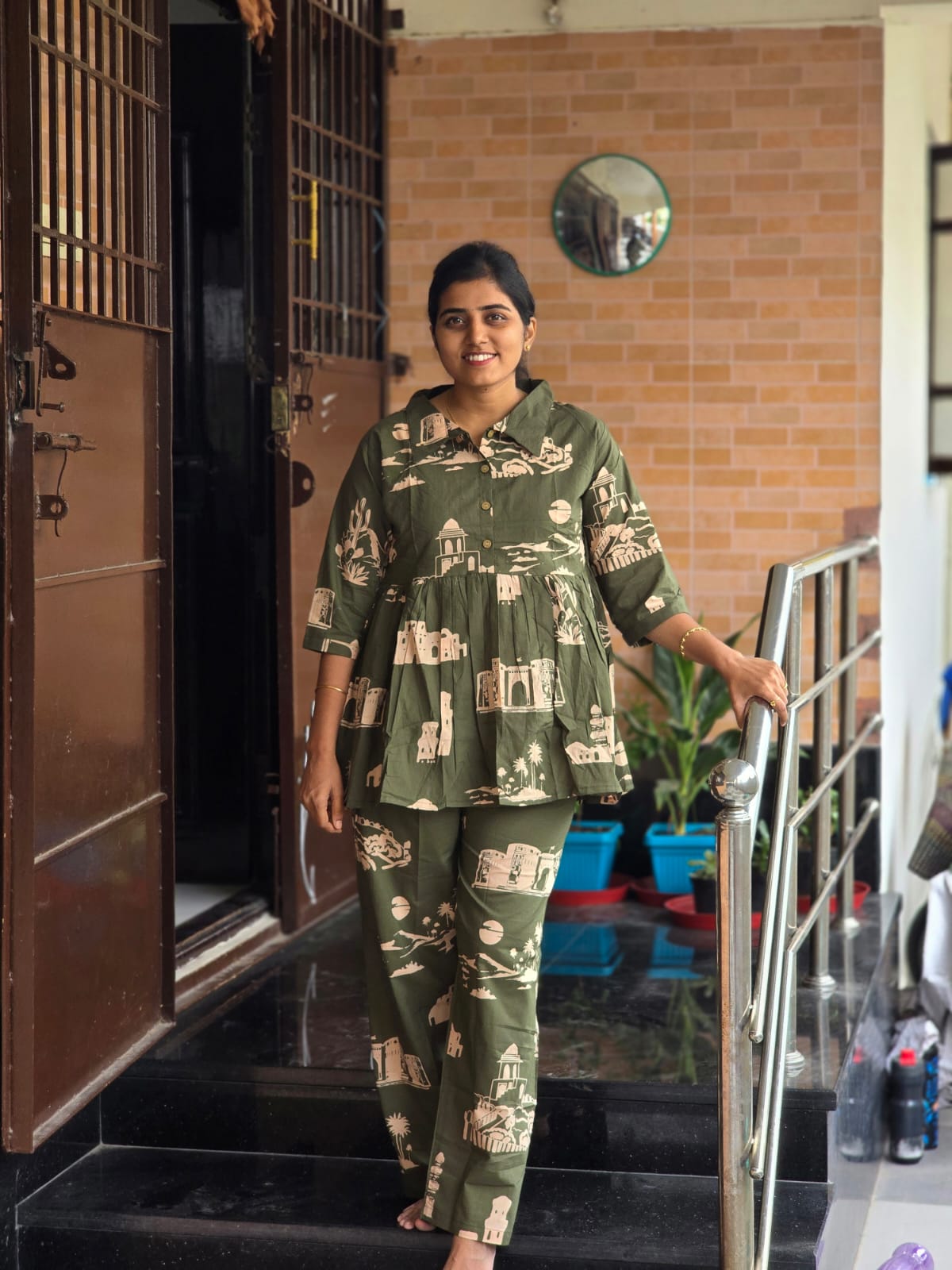 Olive green & nature theme print Peplum Coord set