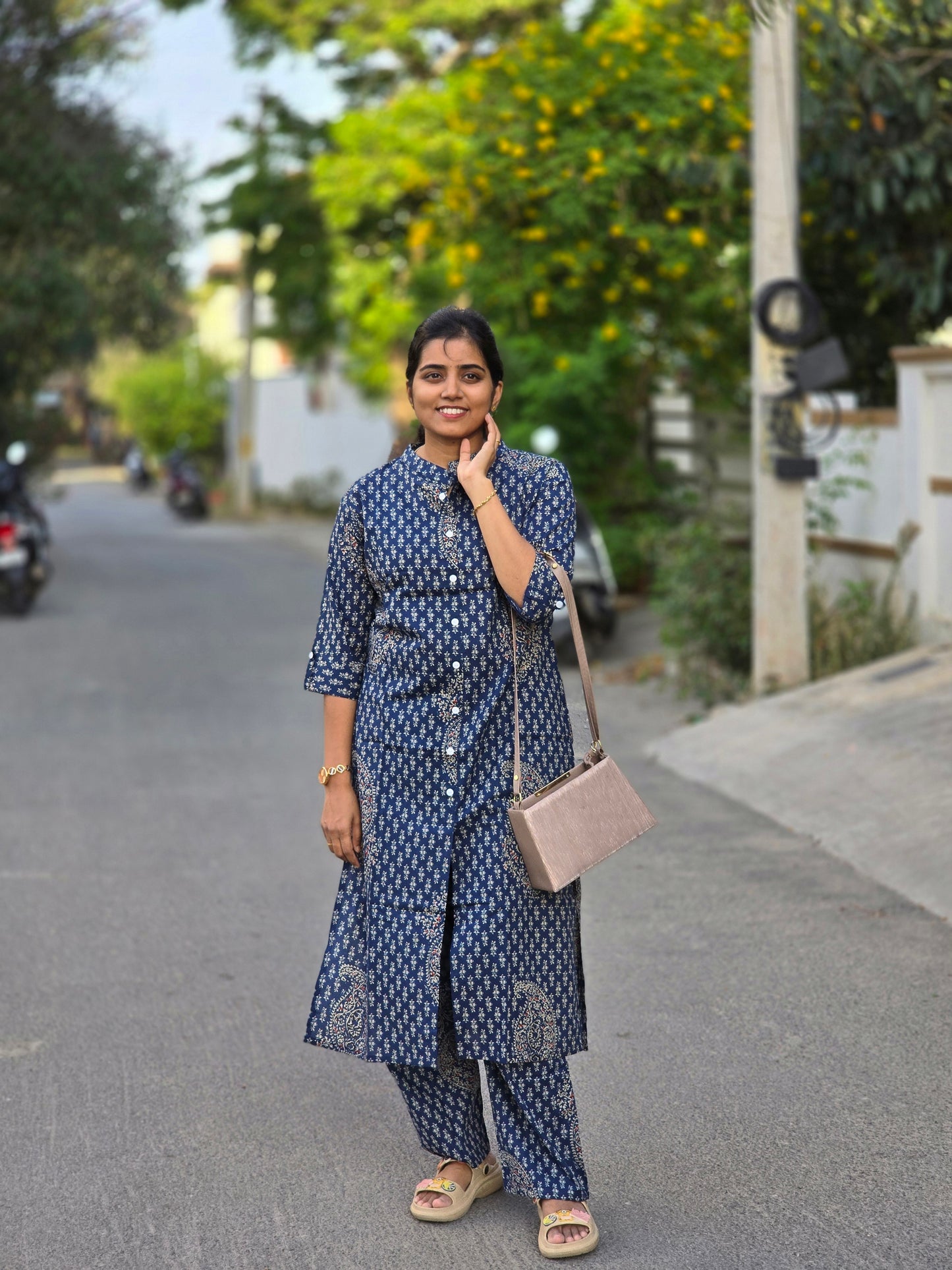Indigo Blue traditional floral motifs kurti set