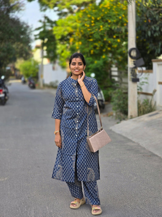 Indigo Blue traditional floral motifs kurti set