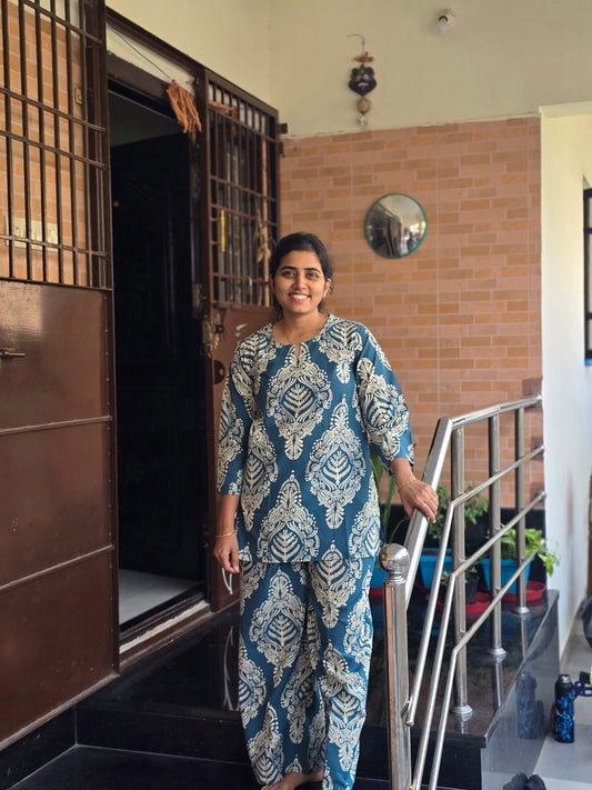 Teal blue mehandi design print Coord set