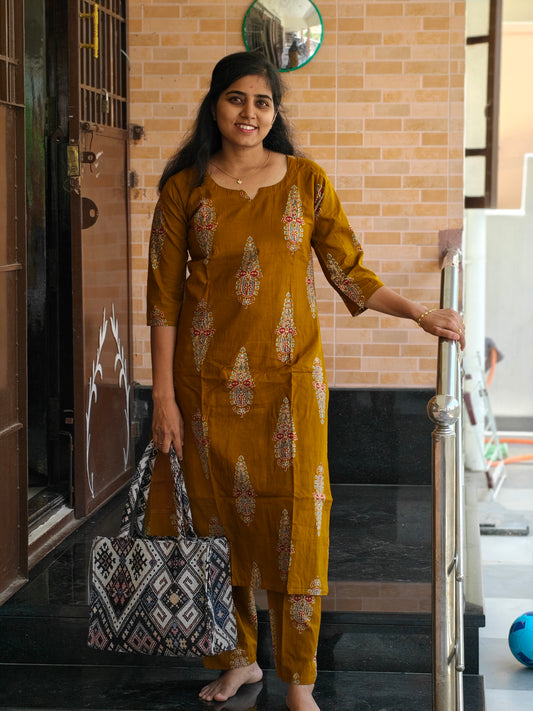 Mustard yellow Jaipur cotton Kurti Set with Lining
