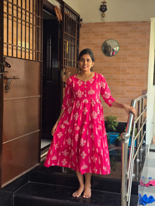 Hot pink Center button frock style Maxi