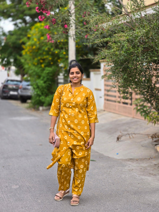 Yellow ikkat patterns kurti set