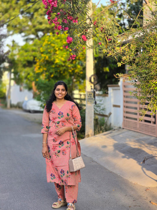 Peach Flowers Kurti Set with Lining