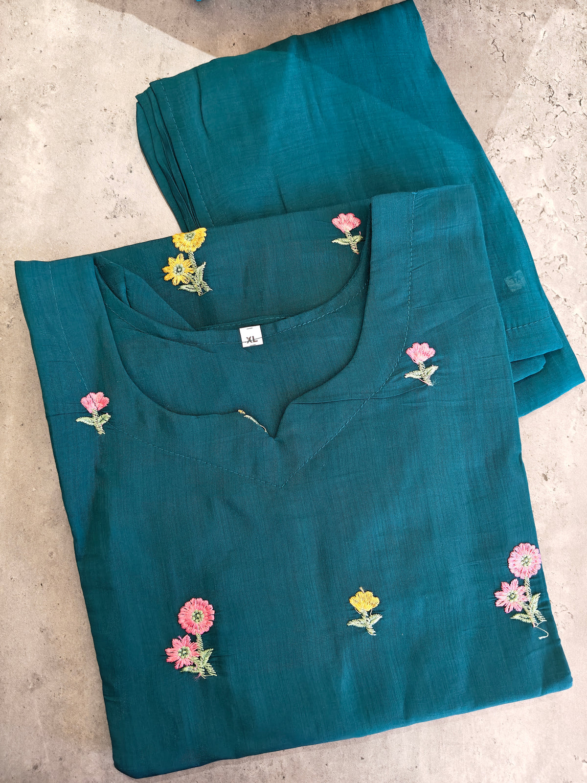 Dark green  Mul Chanderi U neck kurti set