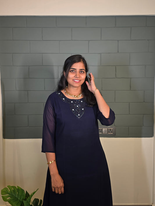 Navy Blue Jewel neck Kurti